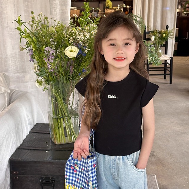 【KID】英字ロゴフレンチスリーブコットンリブTシャツ - 1