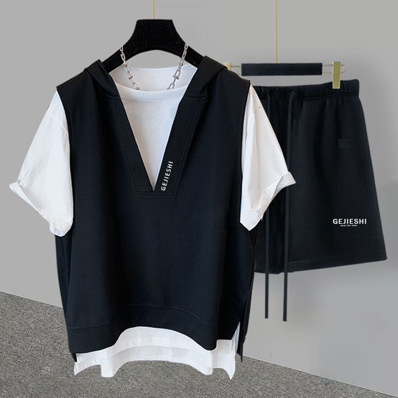 Fake two-piece loose hooded short-sleeved T-shirt and shorts(MT1249)