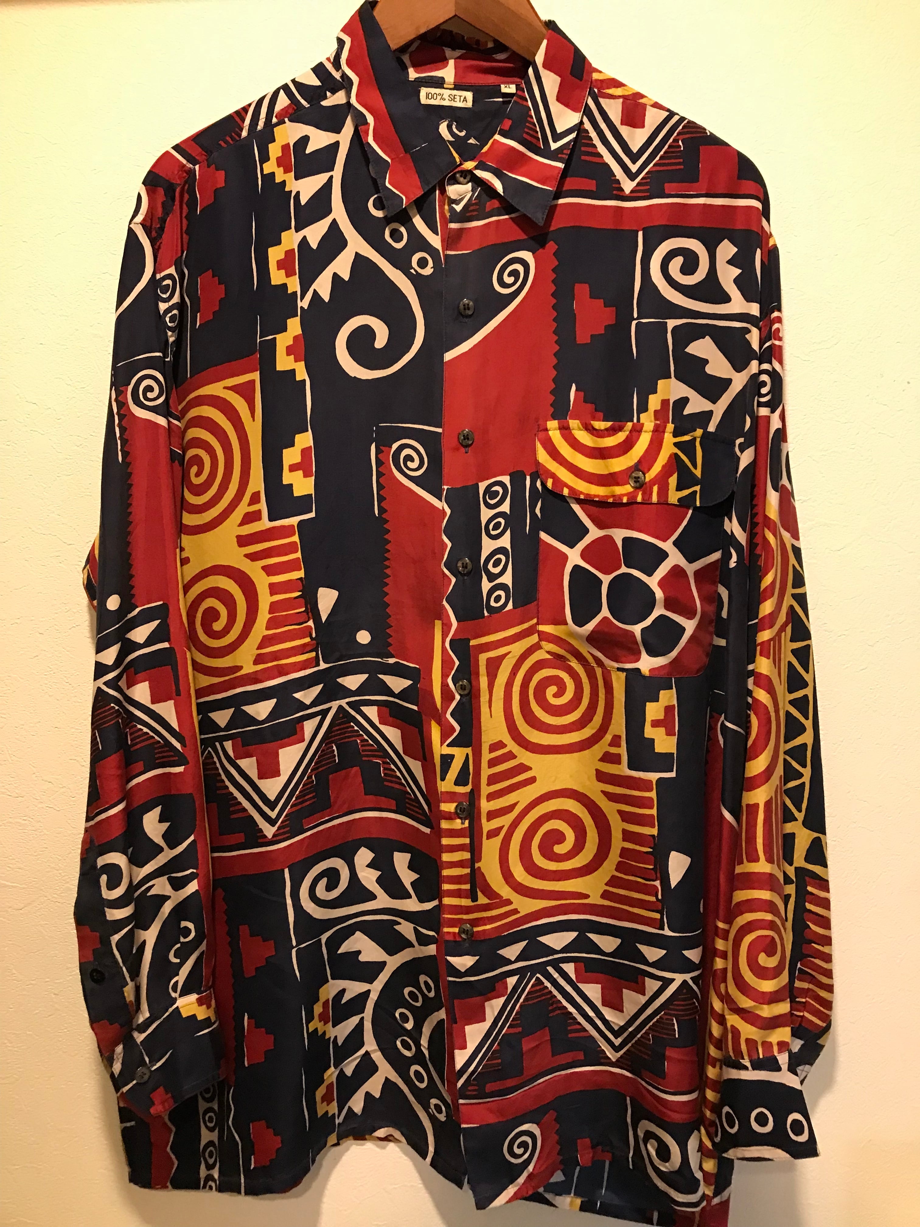 SILK100%‼︎90s vintage 長袖シャツ 柄シャツ 90年代 シルク100