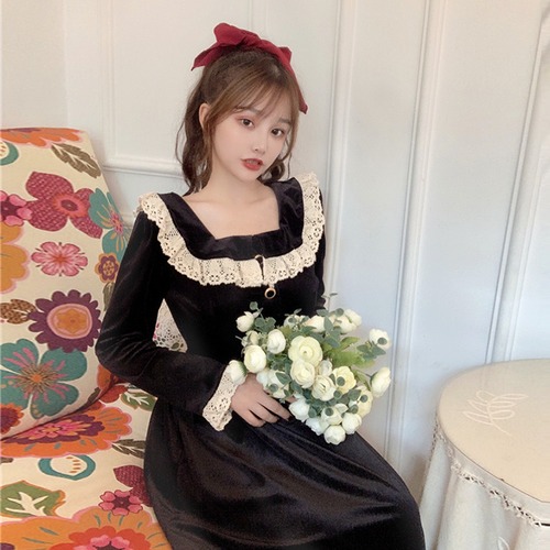 ✞ スタンダードベルベットブラックウィンター★スリム ロング レトロ 冬物 スクウェア ✞ゴスロリ SM ミリ 甘ロリ クラロリ 和ロリ エレガント 黒ロリ 姫ロリ 華ロリ BB-BB99444733766