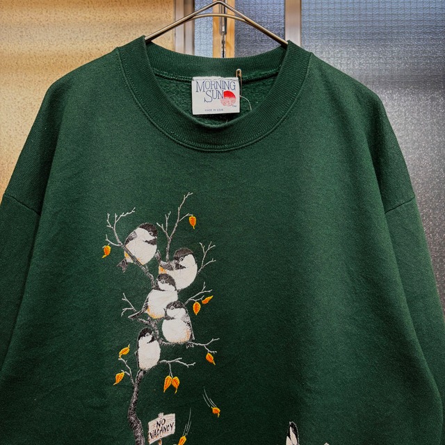 80～90s USA製 Morning Sun モーニングサン アニマルプリント 鳥 NO VACANCY スウェット トレーナー アート ダークグリーン ヴィンテージ ビンテージ アメリカ古着 メンズL相当