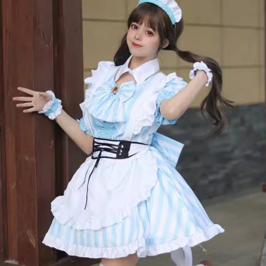 フレンチメイドワンピース アリス風 ライトブルー ストライプ ｜WithU