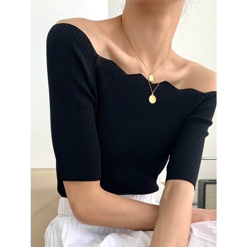 Off-Shoulder Wave Neck Three-Quarter Sleeve Knit ◆2col 202661