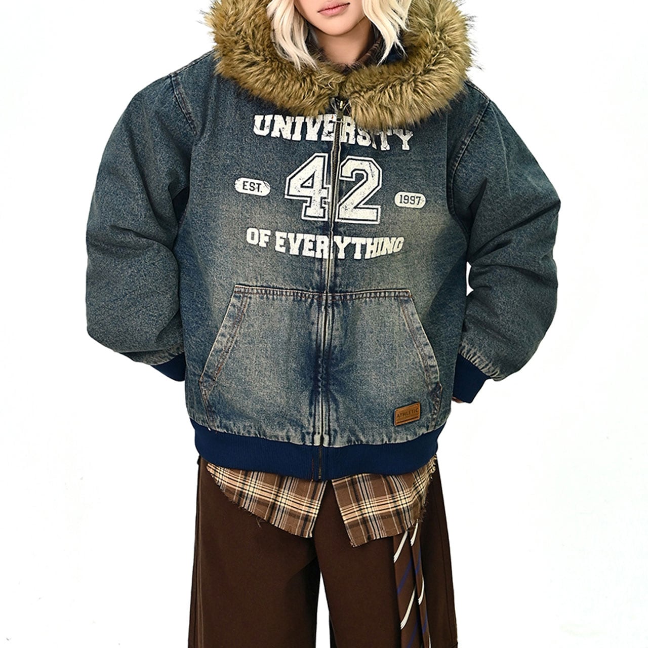 デニムライクロゴボリュームフードブルゾン 1col R01249