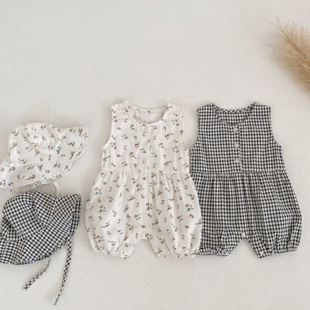 【BABY】ノースリーブフラワー/チェックオールインワン