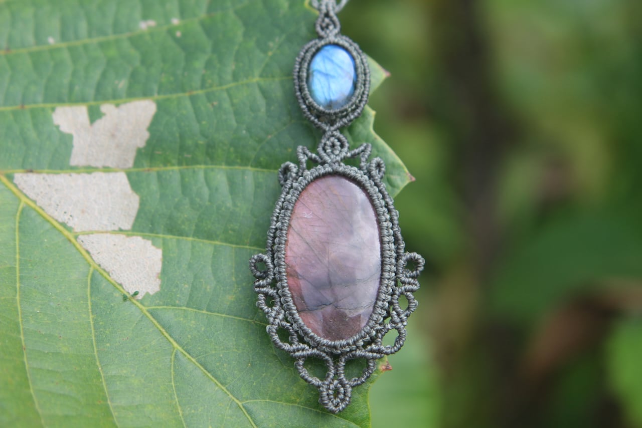Purple Labradorite & Labradorite micro macrame pendant