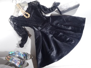 ★13号(XL)☆レースとサテンのリボンが魅力的な黒のワンピース(OPN6826)