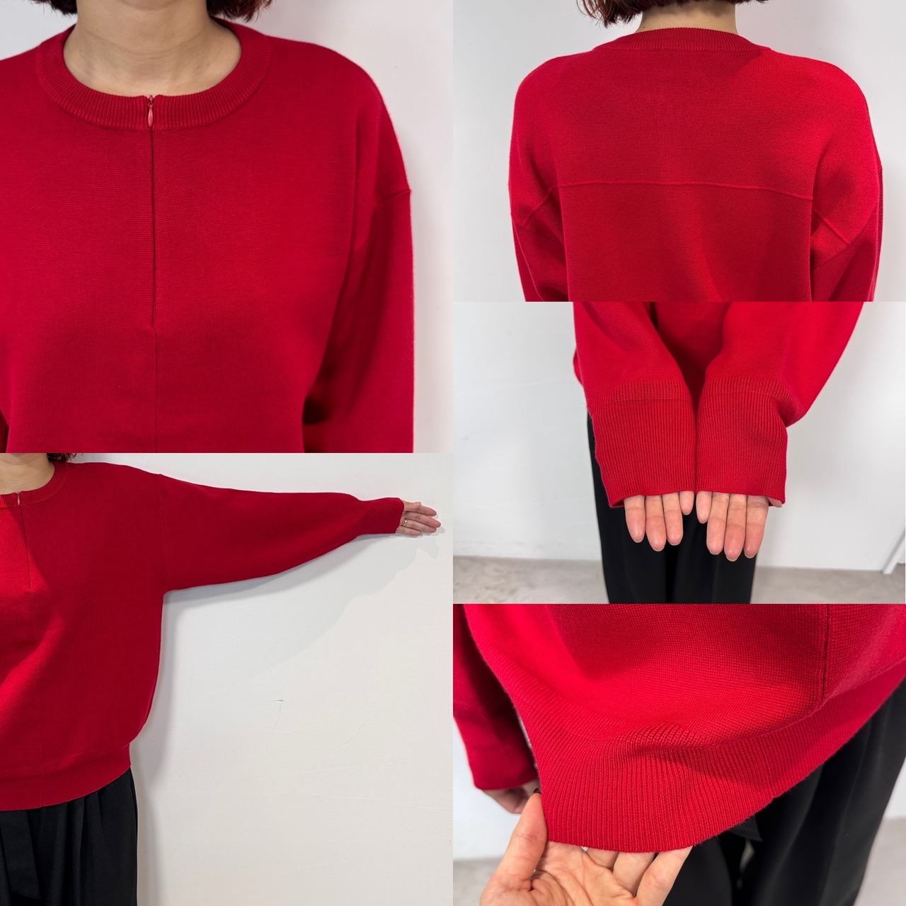 ノーカラーハーフジップニットPO/レッド