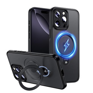 【在庫のみ】Magic John iPhone 16 Pro Max 用 ケース 耐衝撃 MagSafe対応 ワイヤレス充電 スタンド付き 360°回転 滑り止め 半透明 カメラ保護 TPU ズレにくい ホコリ付きにくい ブラック