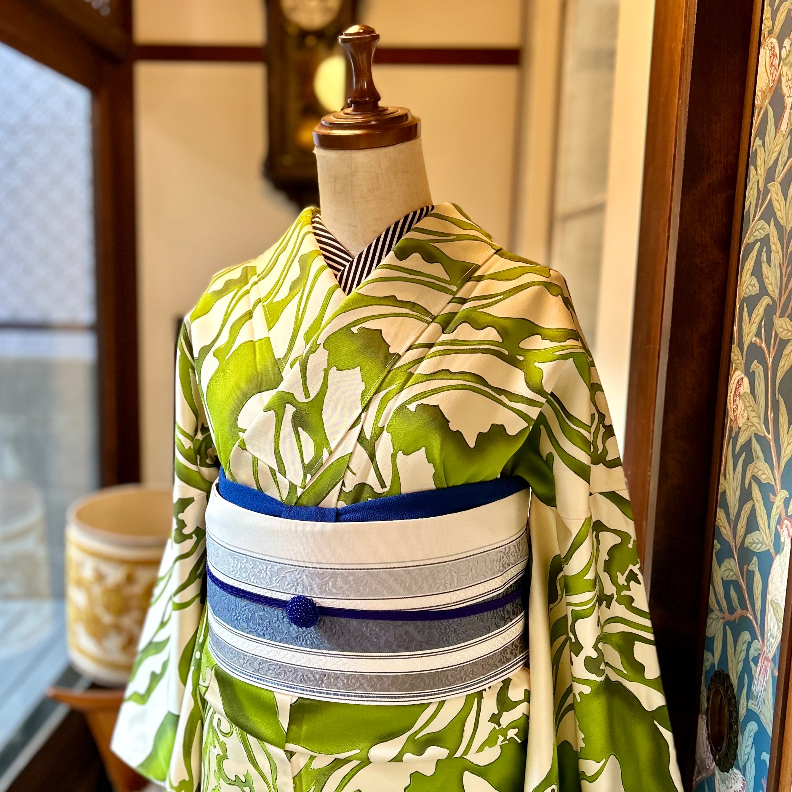 墨流し　小紋　濃淡グリーン　袷　正絹　トールサイズ　裄長 墨流し小紋濃淡グリーン袷正絹トールサイズ裄長