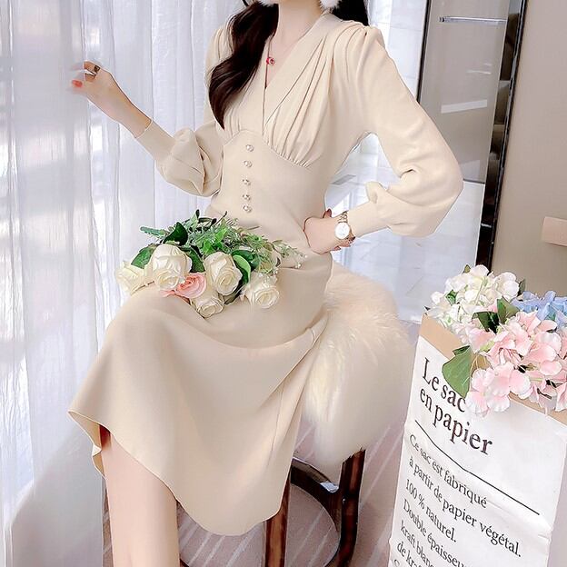 Vネックフロントパールワンピース Op022 Lino Collect