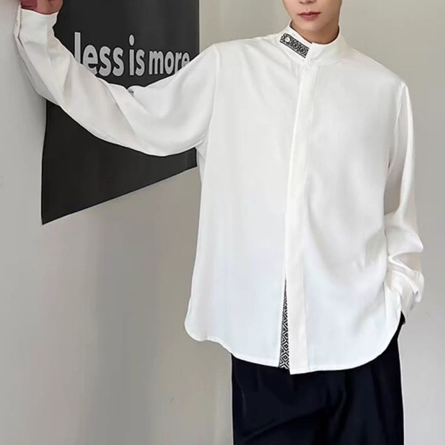 バンドカラー 長袖 ヒップ丈 シャツ 2color MTO0475