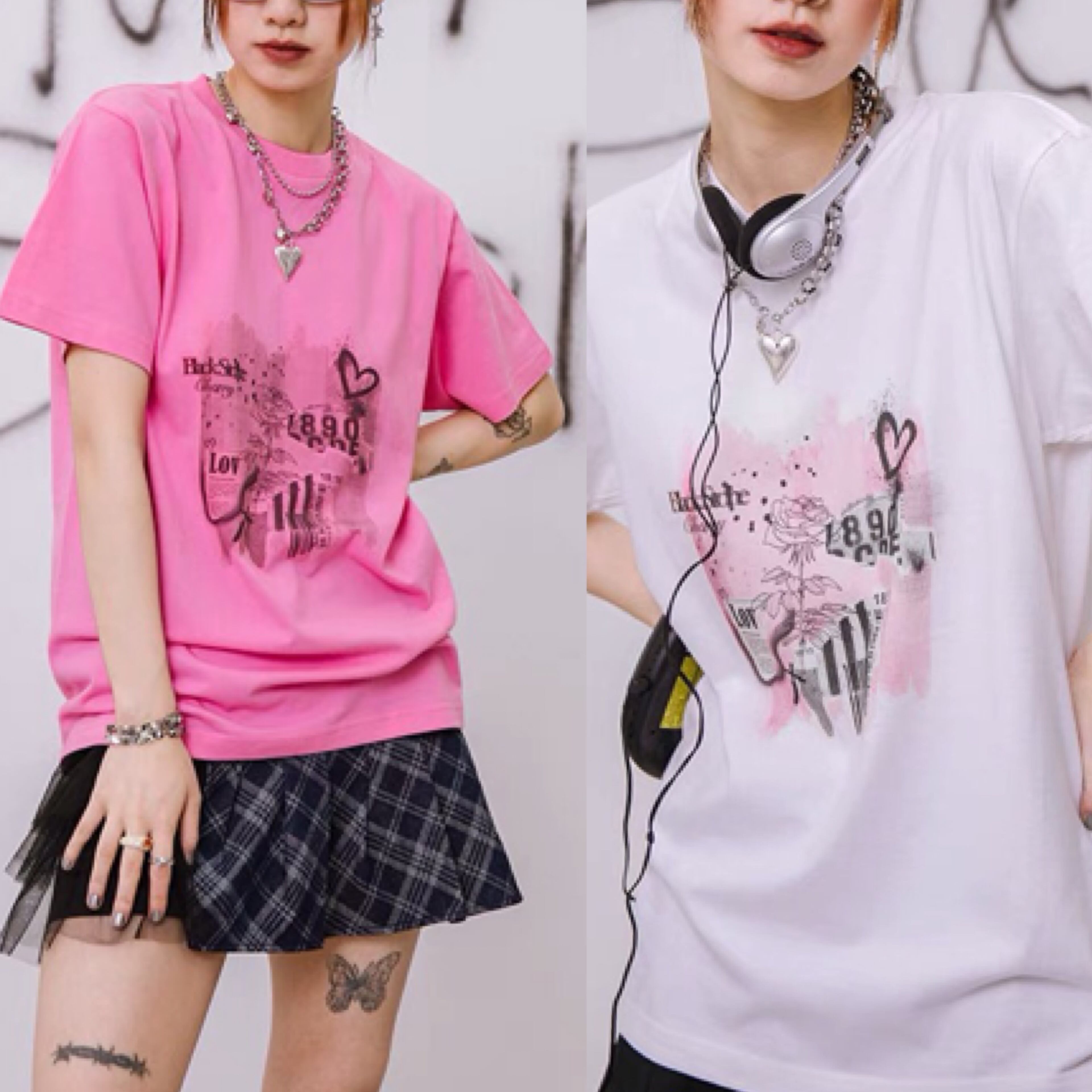 2カラー 】ピンク ホワイト 白 Tシャツ ロック トップス