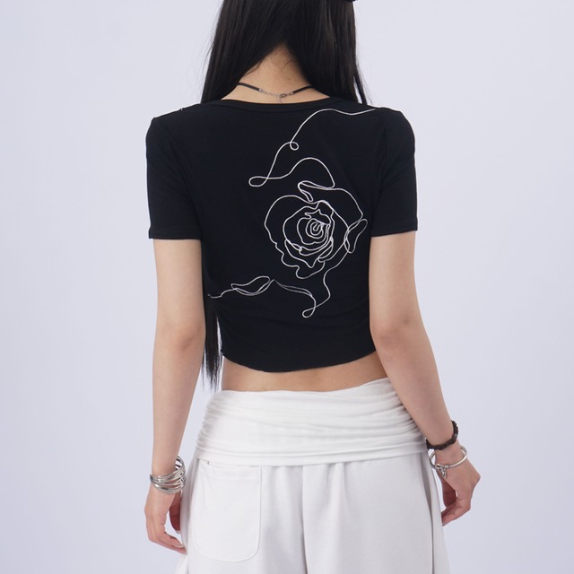 embroidered print cropped short sleeve t-shirt la3026