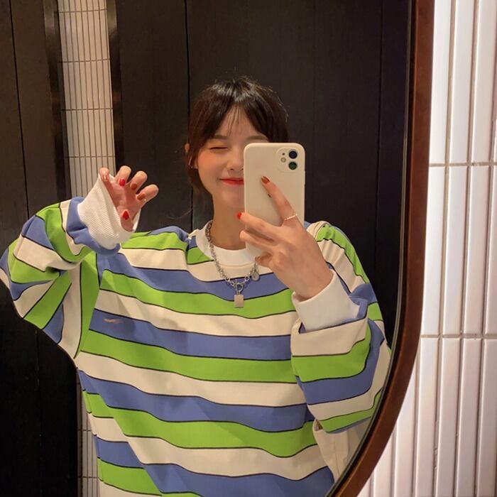 カラーブロッキングストライプセーターレディース2020年初秋新入生カジュアルルーズミドル丈多用途ラウンドネックトップス クレセントシティ72790840224