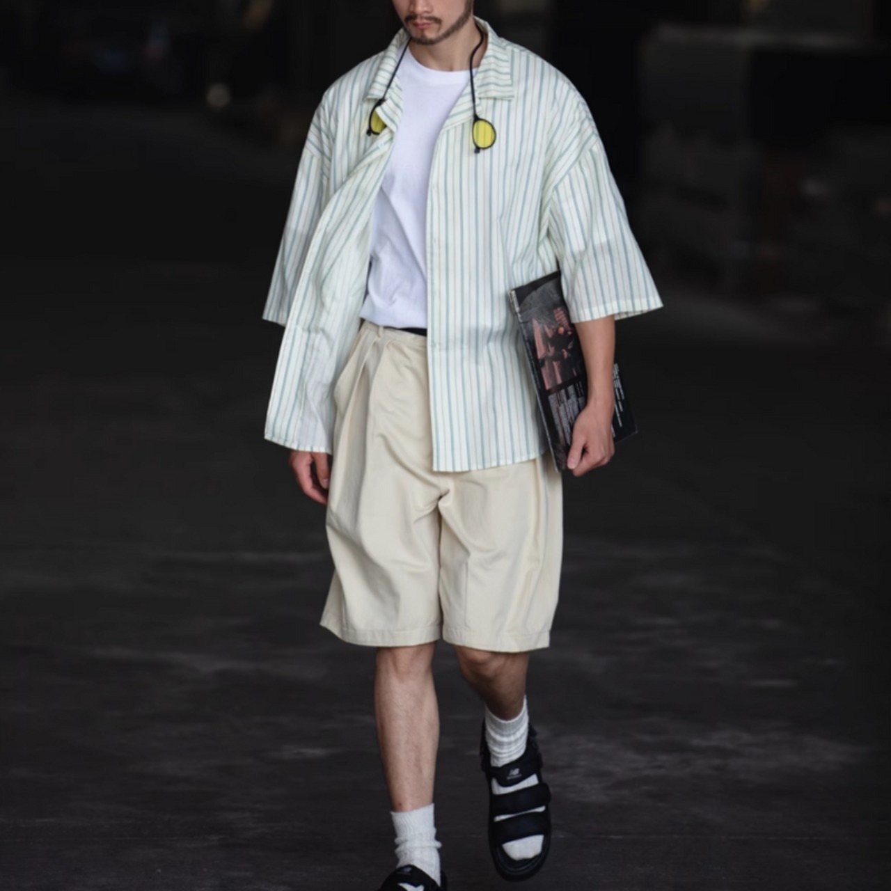 開襟ストライプ柄五分袖シャツ　0704