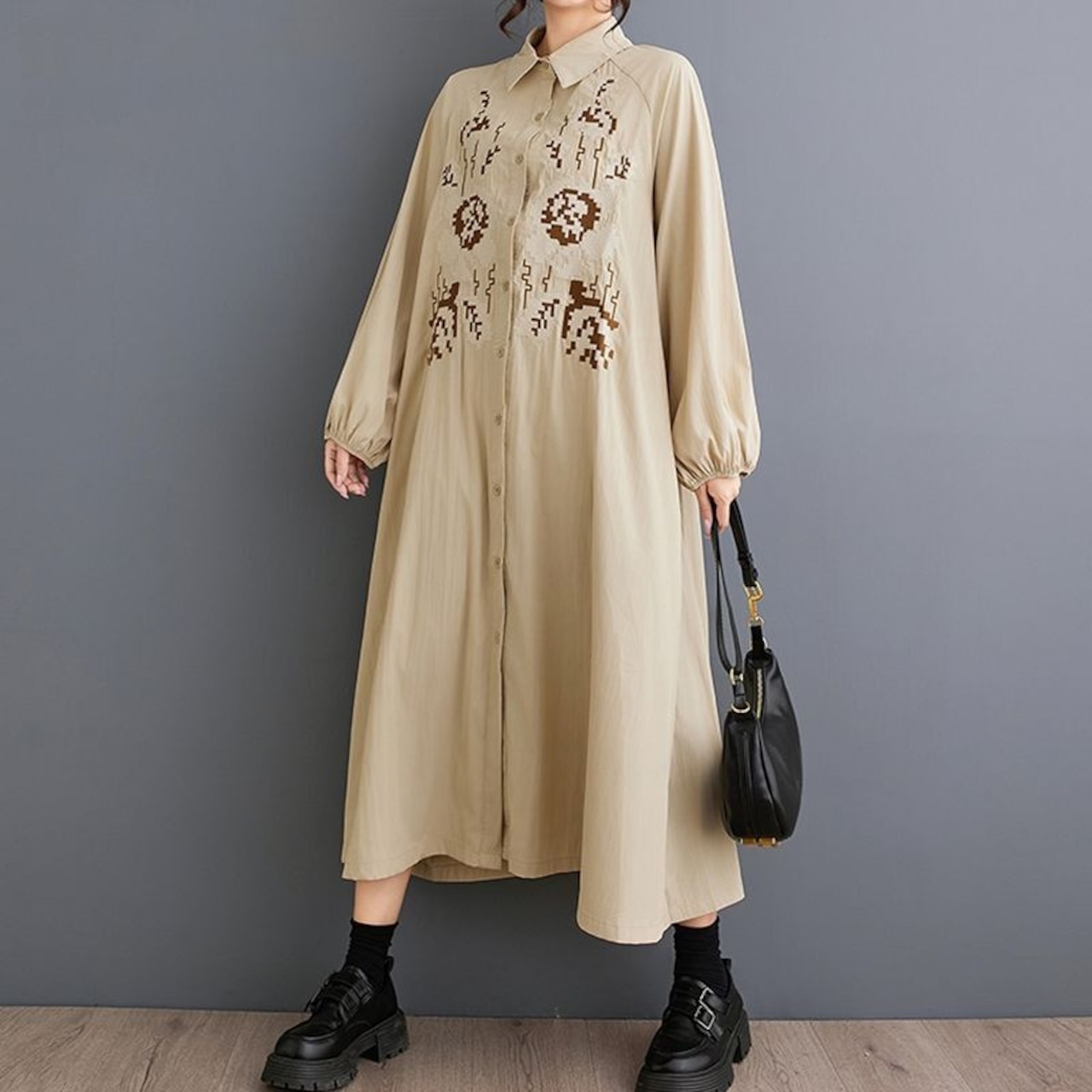 刺繍風 パッチワーク シャツワンピース  00347