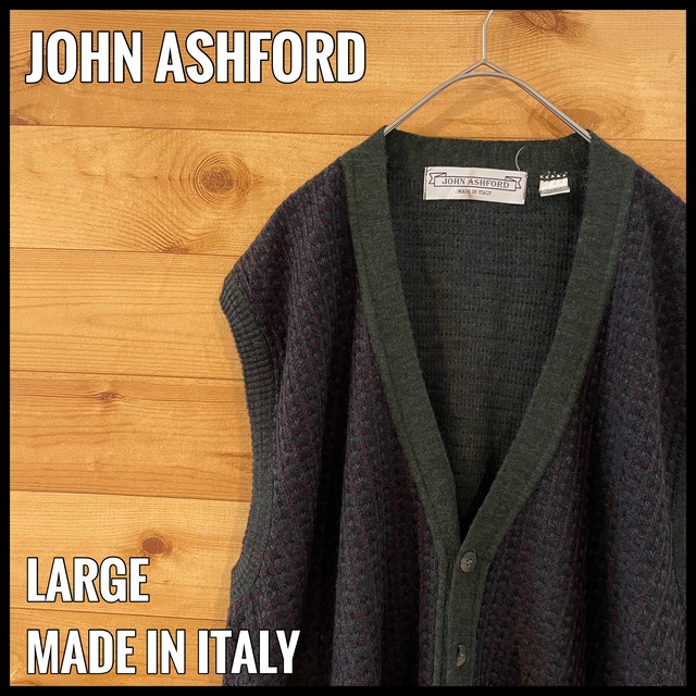 【JOHN ASHFORD】イタリア製 ベスト 前開き 総柄 柄物 オールパターン ウール アクリル ITALY EU古着 ヨーロッパ古着