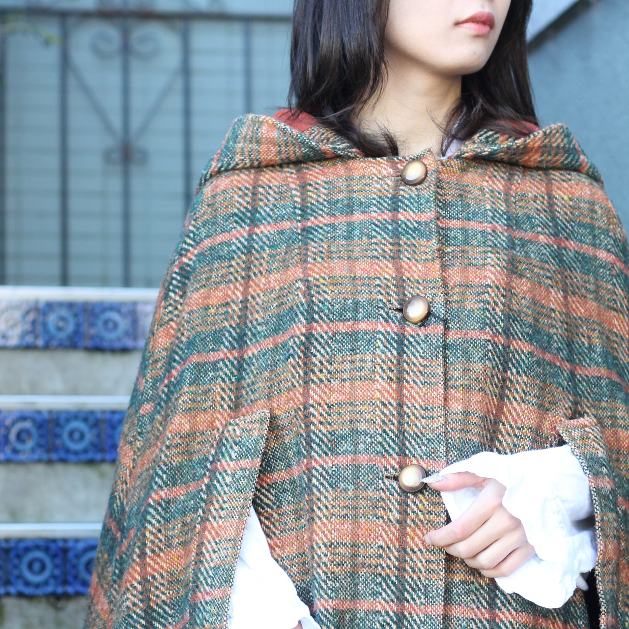 EU VINTAGE CHECK PATTERNED WOOL HOODED CAPE COAT PONCHO/ヨーロッパ 