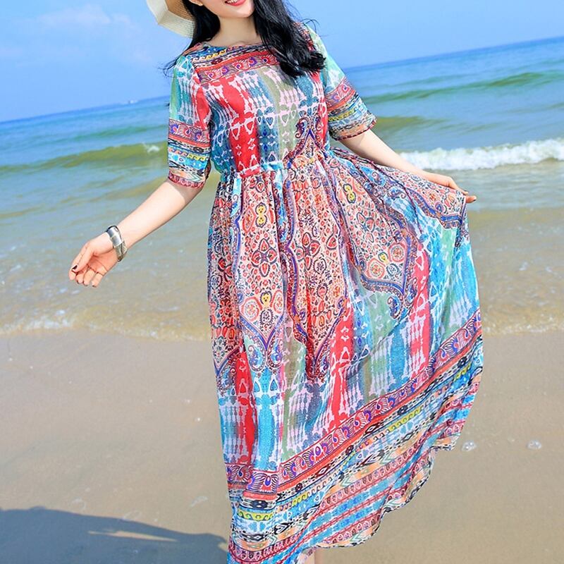 半袖 シフォン ボヘミアン ワンピース