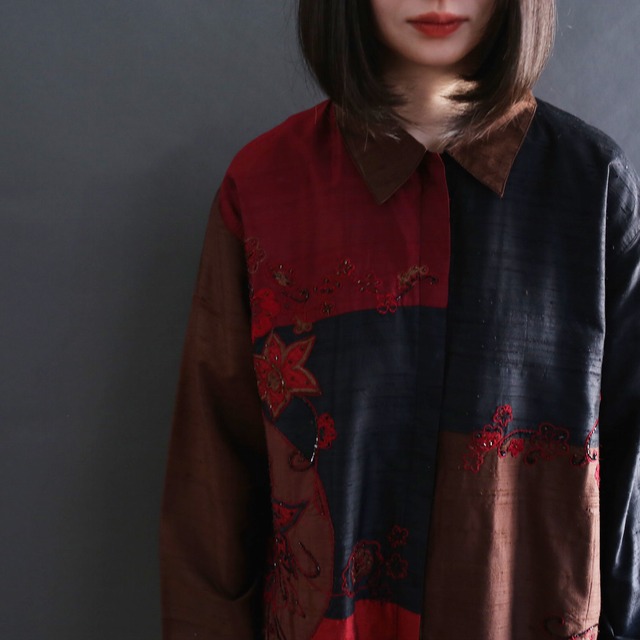 switching asymmetry design flower embroidery l/s shirt jacket
