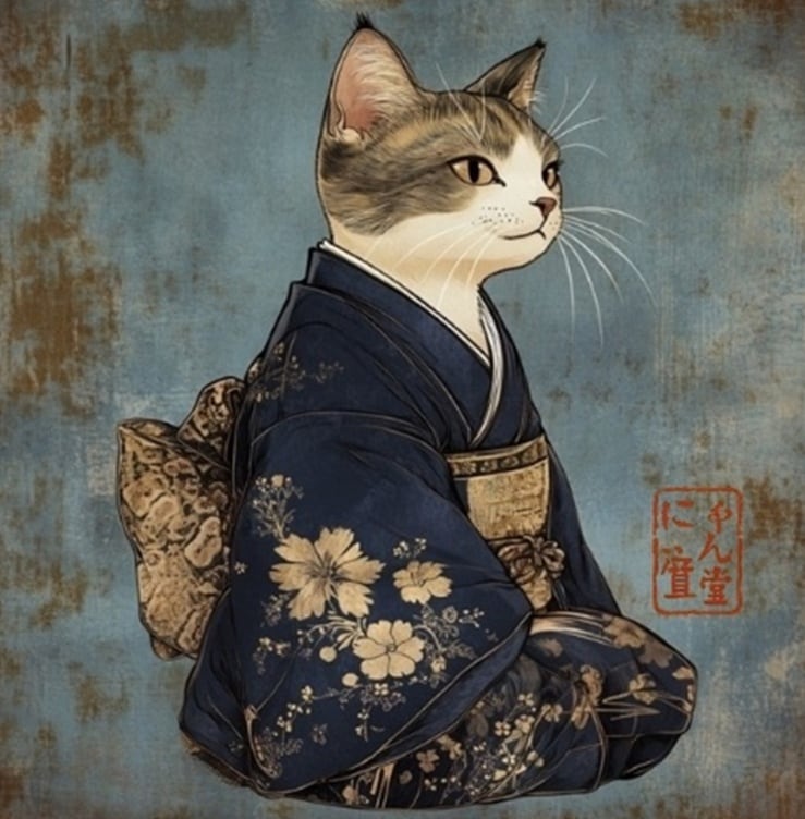 気高き和猫 肖像画 ロンT リブなし/ Noble Japanese Cat long sleeve T