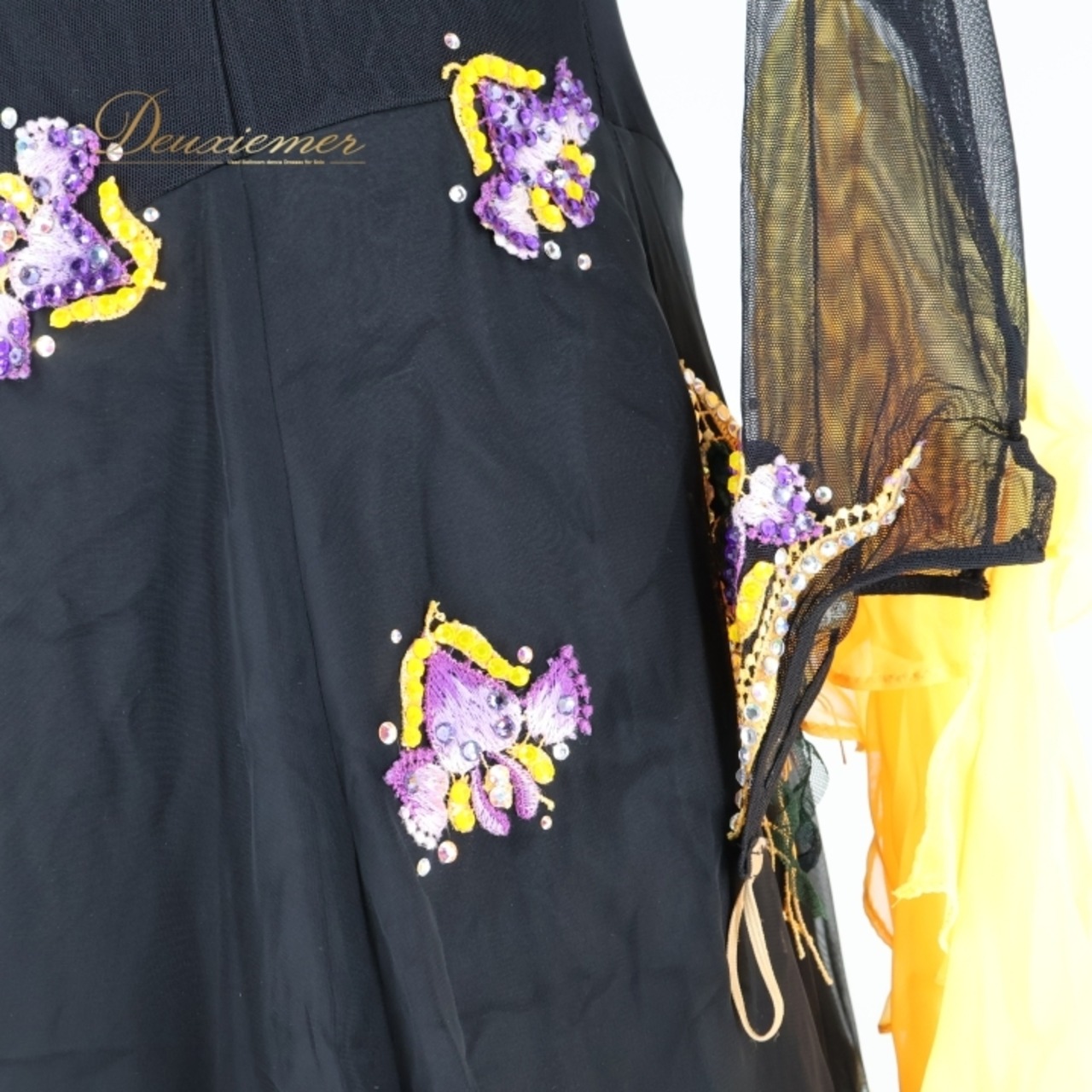 社交ダンス 衣装 スタンダードドレス ワンピース ドレス ブラック系 イエロー系 インザムード in the MOOD 黒 黄色 紫 デモ 競技 フロート レース 上品 華やか デザイン エレガント 豪華 フェスティバル 発表会 ステージ用 ダンスパフォーマンス