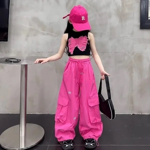 リボン刺繍ピンク カーゴパンツ ｜ルーズパンツ KPOP キッズダンス