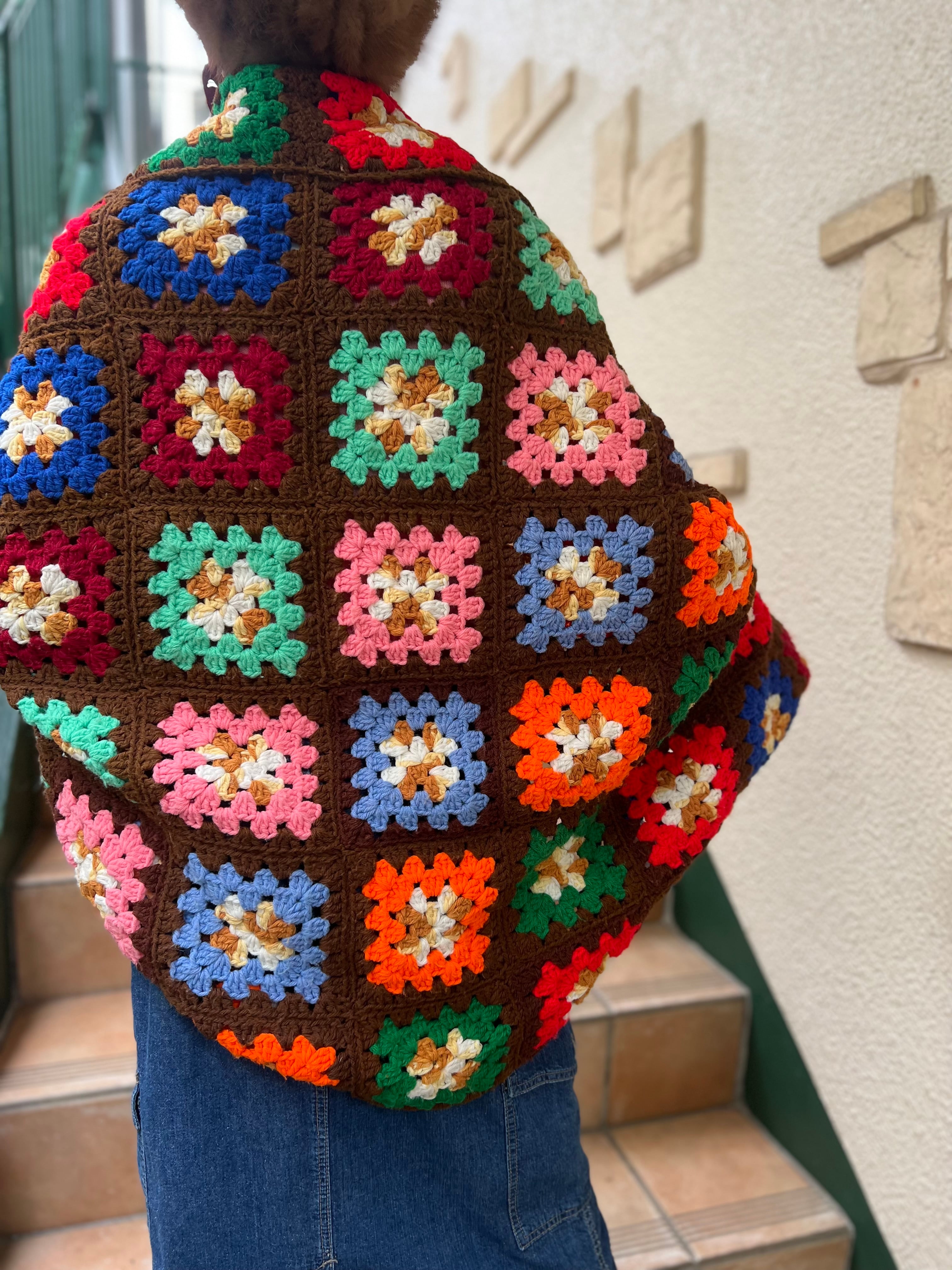 Vintage granny square handmade knit poncho cardigan ( ヴィンテージ