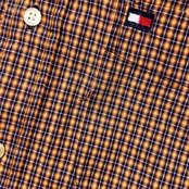 90s TOMMY HILFIGER トミーヒルフィガー フラッグ刺繍 チェック柄 長袖 ボタンダウンシャツ XS /オレンジ×ネイビー系 メンズ ビンテージ