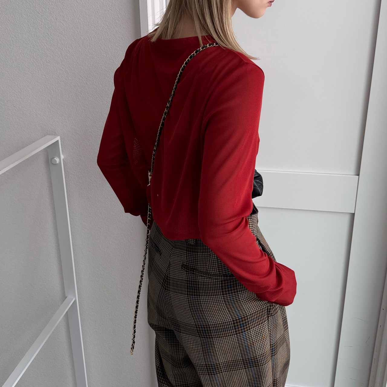 crew neck tulle sheer short tops/red
