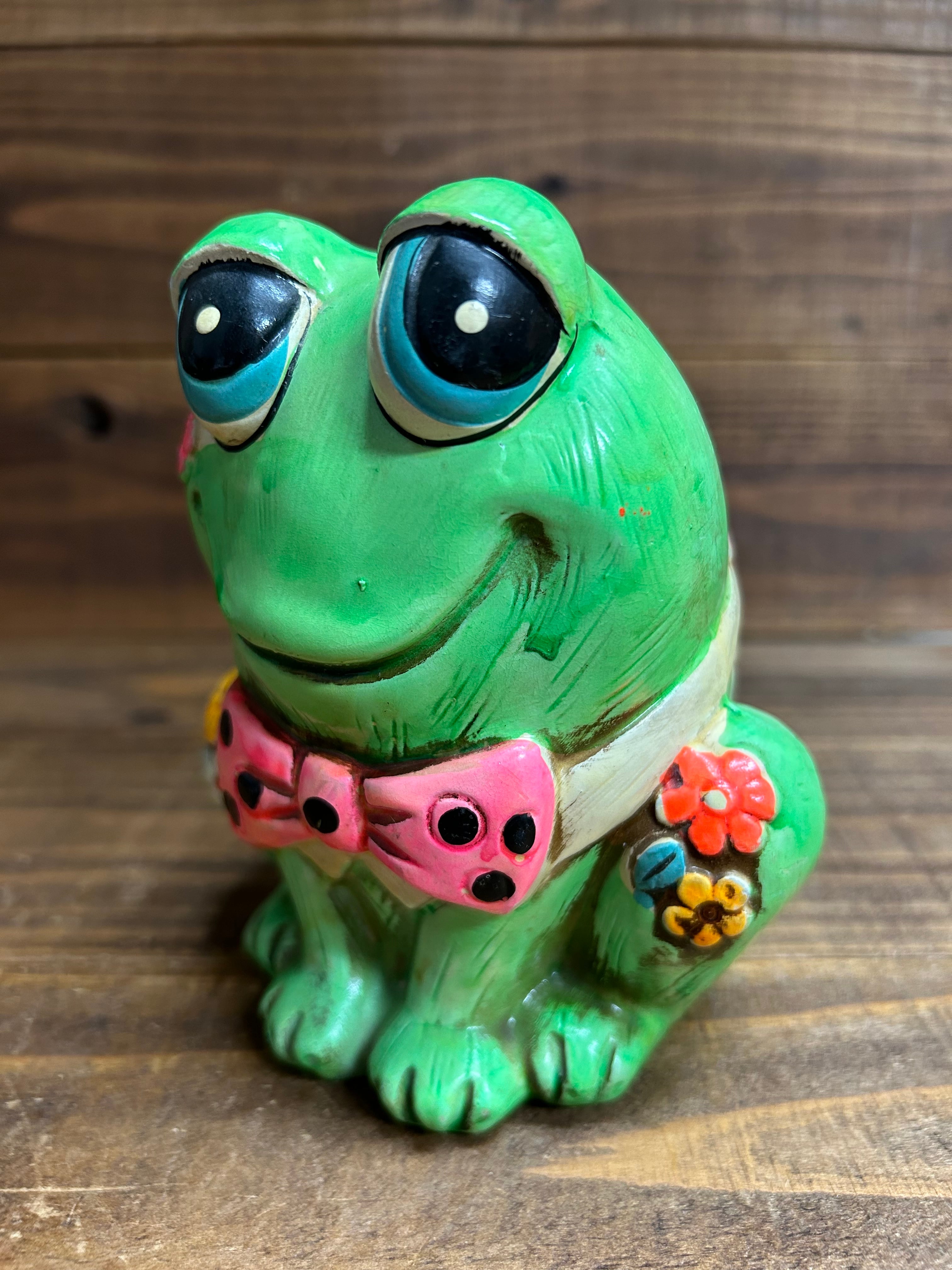 Vintage Holiday Fair Chalkware Neon Green Flog Coin Bank/かえる