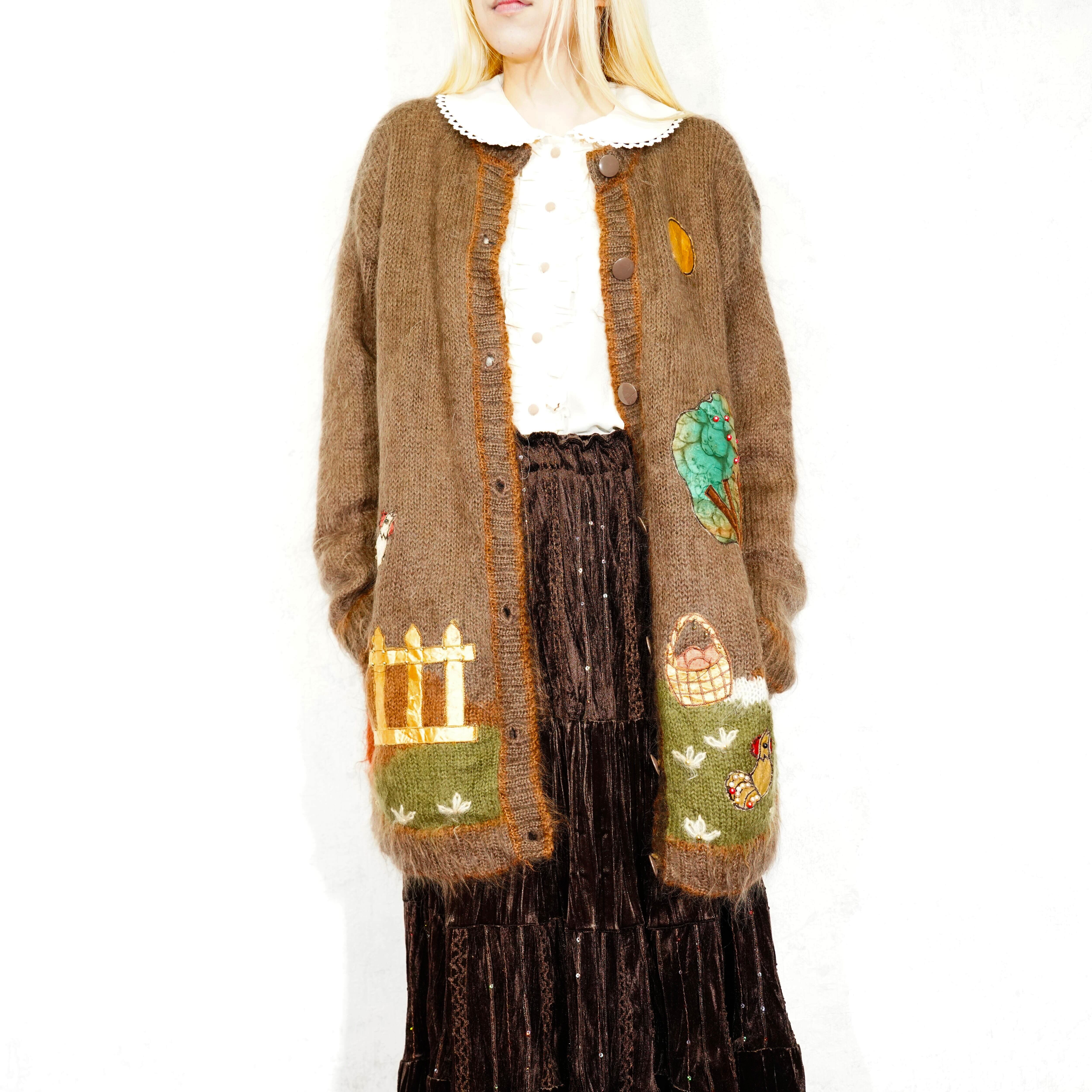 ヨーロッパ古着 モヘアニット 古着 ニットコート ニットカーディガン EU VINTAGE TAGORE HAND EMBROIDERY PATCHWORK DESIGN MOHAIR KNIT