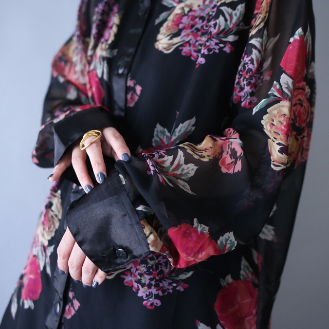 "sheer×satin" switching design beautiful flower pattern over silhouette see-through shirt