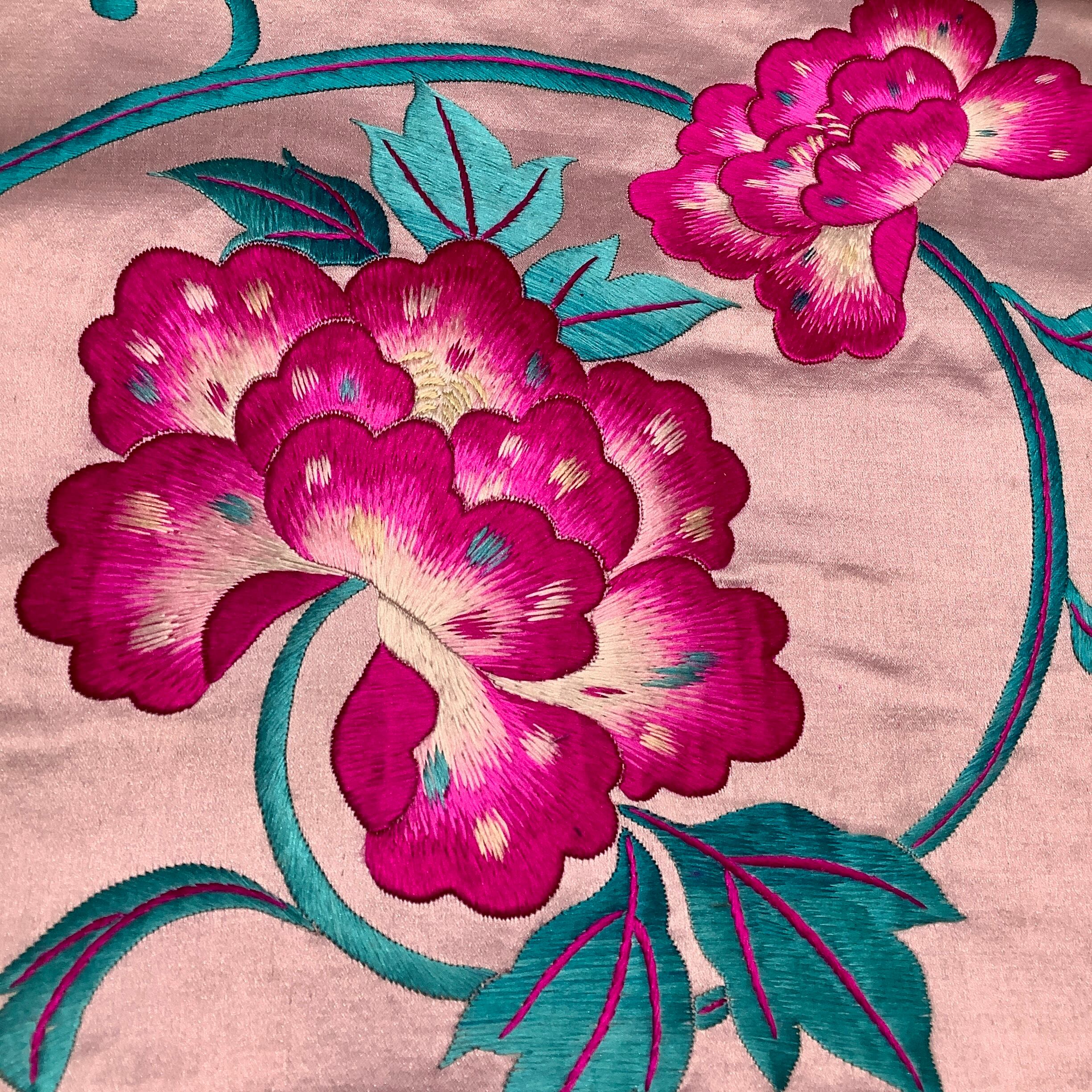 アンティーク帯 夏帯 名古屋帯 絽 桔梗の花 刺繍 ピンク色 AO-3049