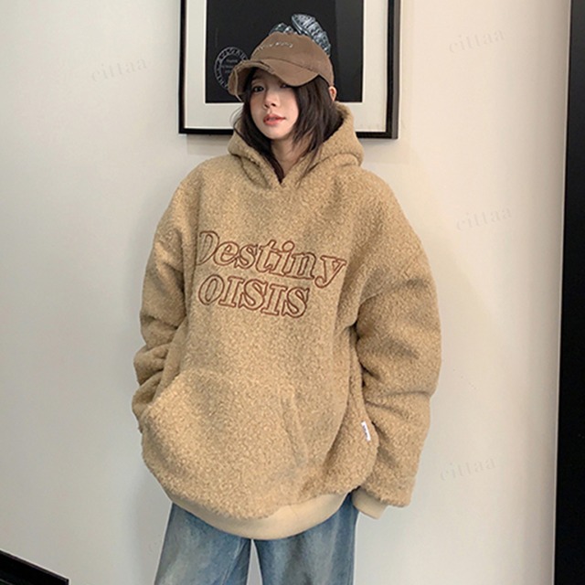 ★予約★D-725　2025秋冬新作♡Destiny刺繍ロゴボアフーディー　ライトブラウン