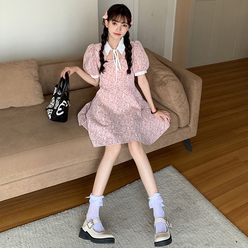 カラーレーススリーブドレス サマーフローラルスカート 夏物 花柄 萌量不足54685263911