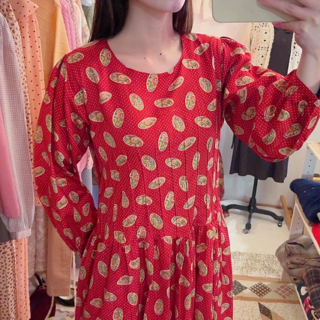 red paisley dot back button one-piece