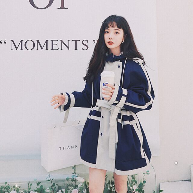 コート レディース バイカラー おしゃれ ミドルレングス アウター ネイビー S/M/L/XL