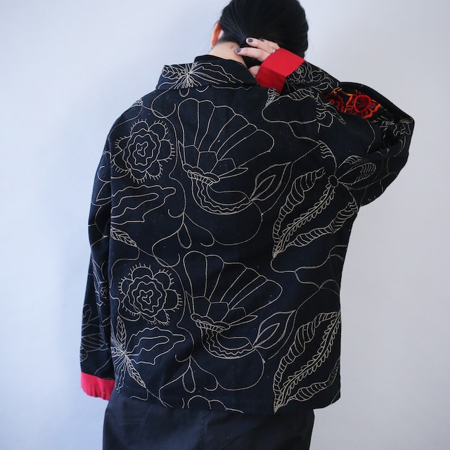 "花×刺繍"  beautiful pattern box silhouette cotton jacket