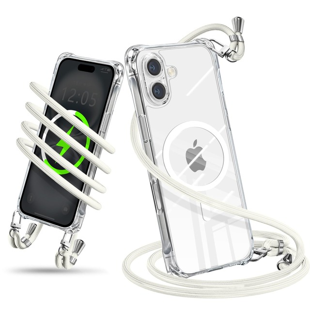 iPhone 16 向けの ケース ショルダー クリア MagSafe対応 耐衝撃 アイフォン16 カバー(クリア)