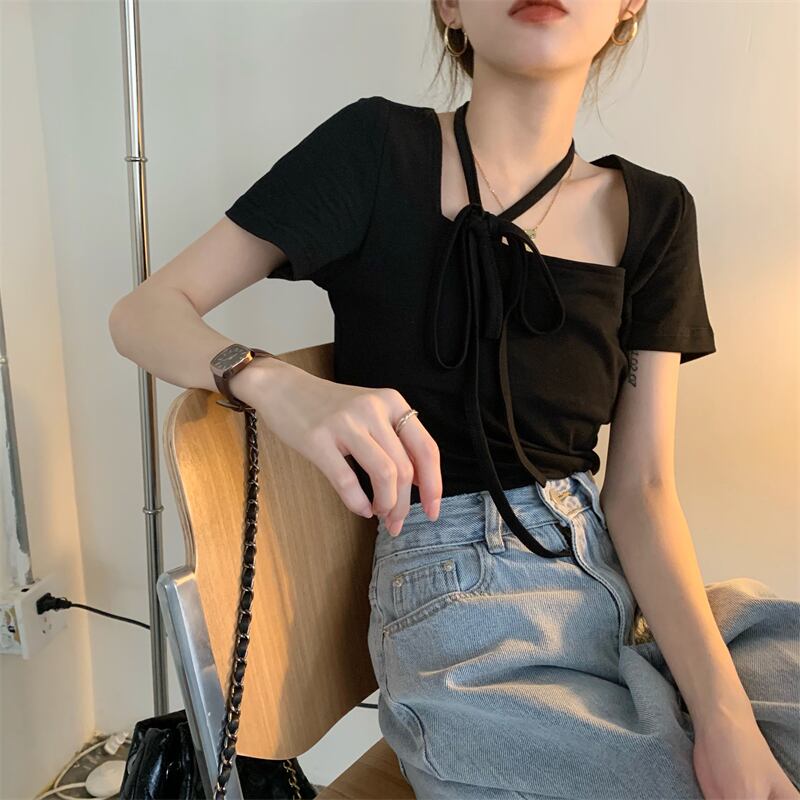 サマーブラックスリム半袖スリーブTシャツ トップス ショート ハーフスリーブ 夏物 スクウェア モンロー33080501945