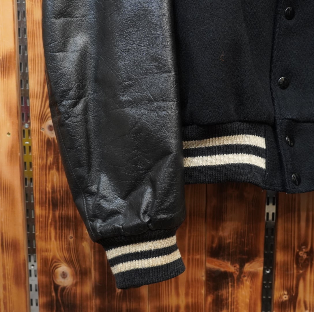 70s80s golden bear 袖レザースタジャン 黒白 L/usa製 無地 ゴールデン