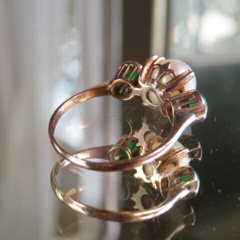 ヴィンテージ あこや本真珠と翡翠のクラシカルリング