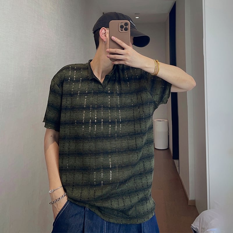 dannyandzee涼しげシアーボーダー開襟Tシャツ