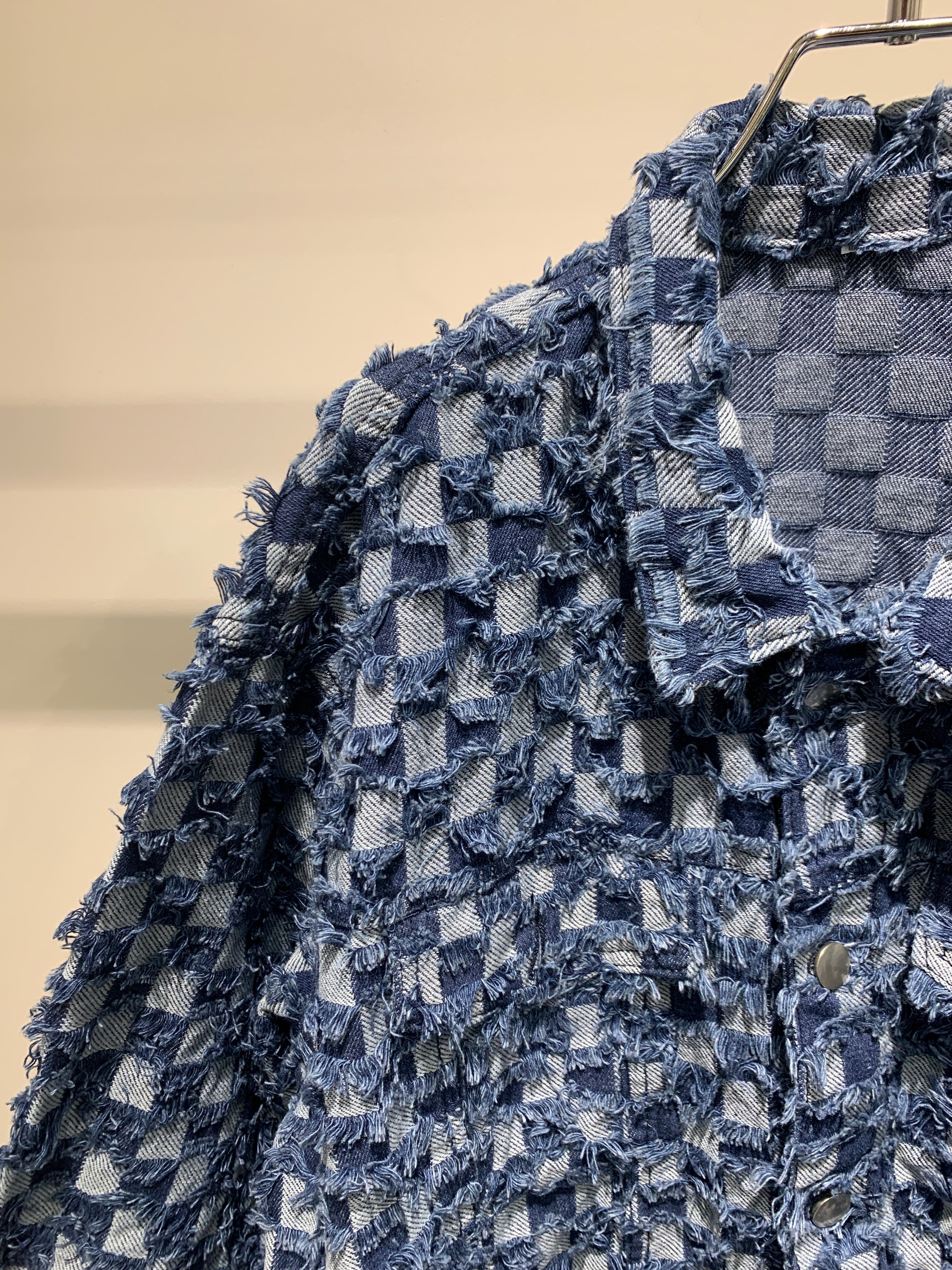 denim checkered fringe jacket