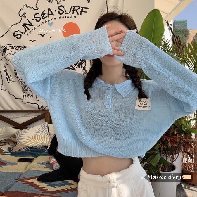 カラーブルーセーター 薄手コート オータムショートトップス ロング 大人ガーリー スウィート キュート カジュアル 秋物 モンロー5621258956