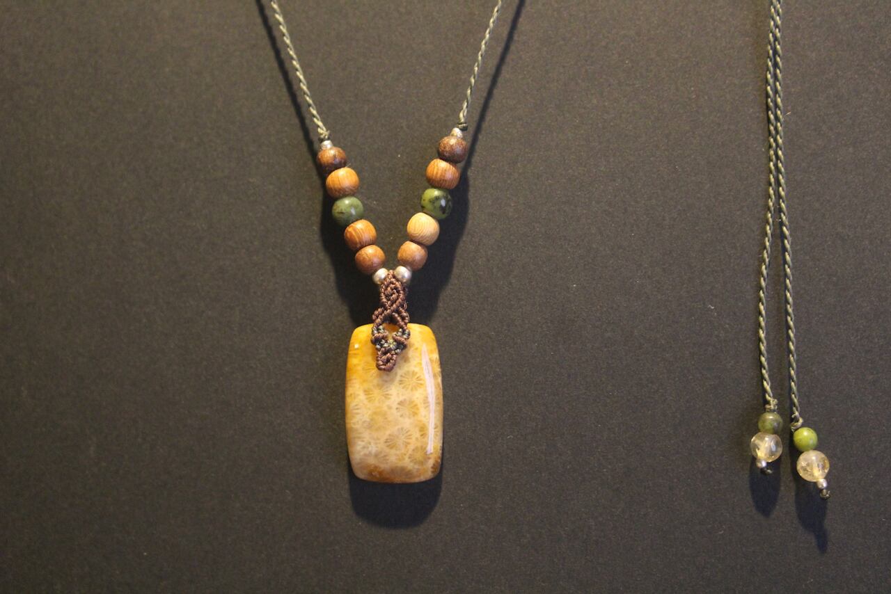 Fossil Coral  micro macrame woody pendant
