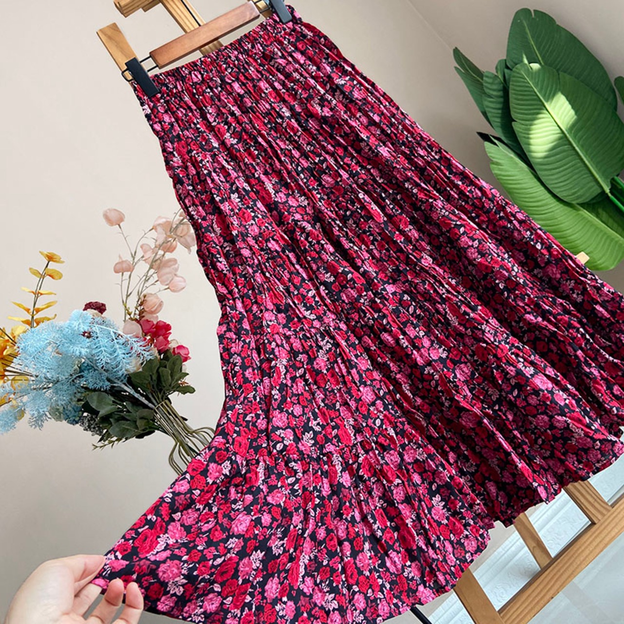 ハイウエストフラワープリントロングスカート A01084