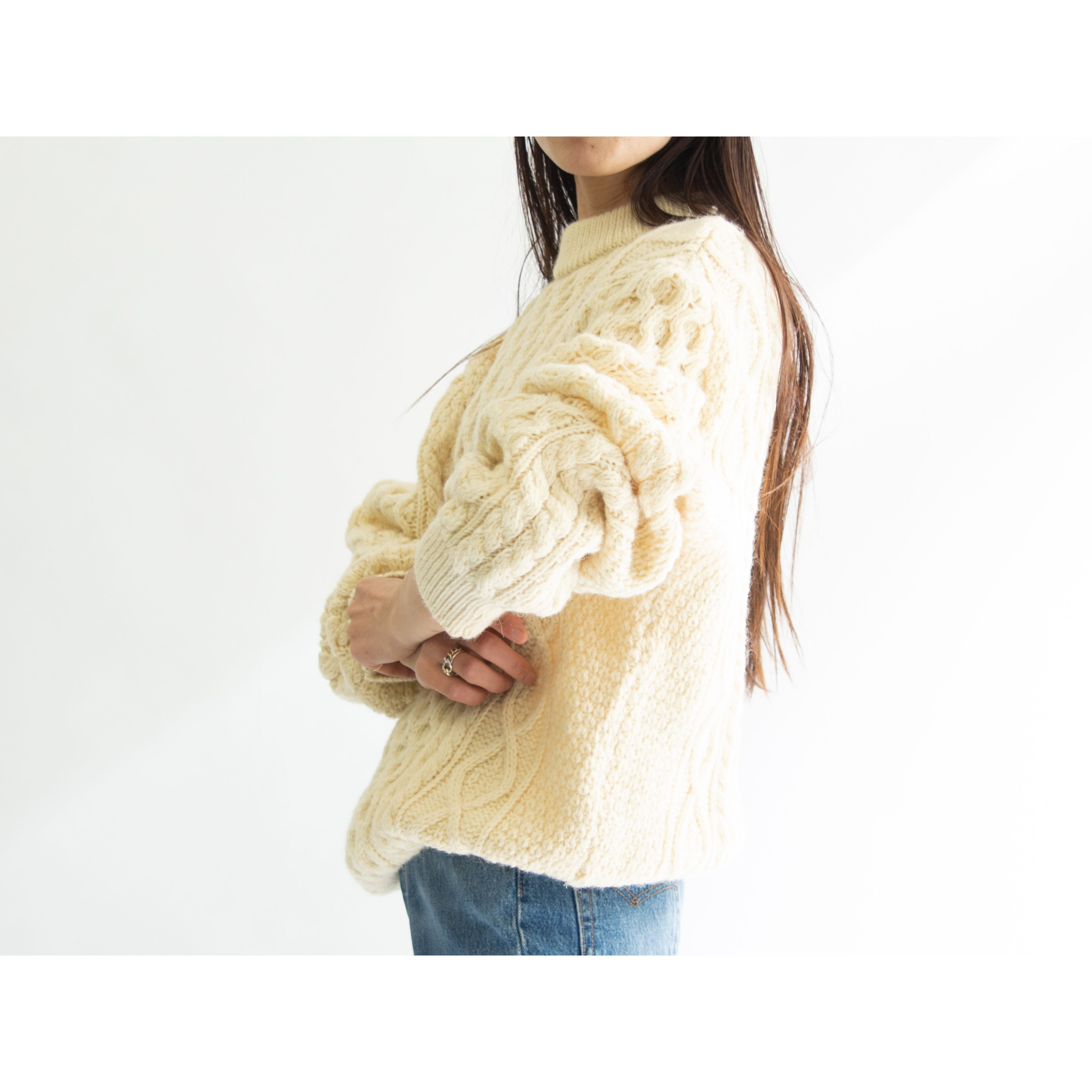 【Niffi】Made in England 100% wool Aran sweater(ニッフィ 英国製 ウールアランセーター クルーネックケーブルニット)12a